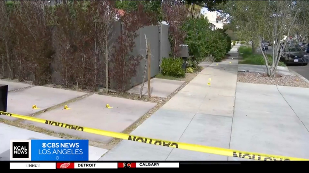 Evidence markers are seen at the scene of Thursday's shooting in Pico-Robertson.