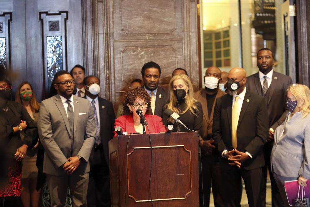 South Carolina Rep. Wendell Gilliard, D-Charleston, looks on as fellow lawmakers ask the state Senate to stop delaying a debate on a hate crimes bill on Tuesday, Feb. 1, 2022, in Columbia, S.C. (AP Photo/Jeffrey Collins)