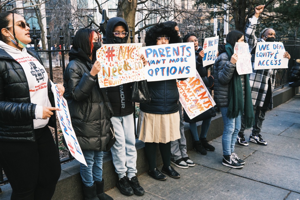 A rally in support of charter school expansion outside of City Hall on March 7, 2023.