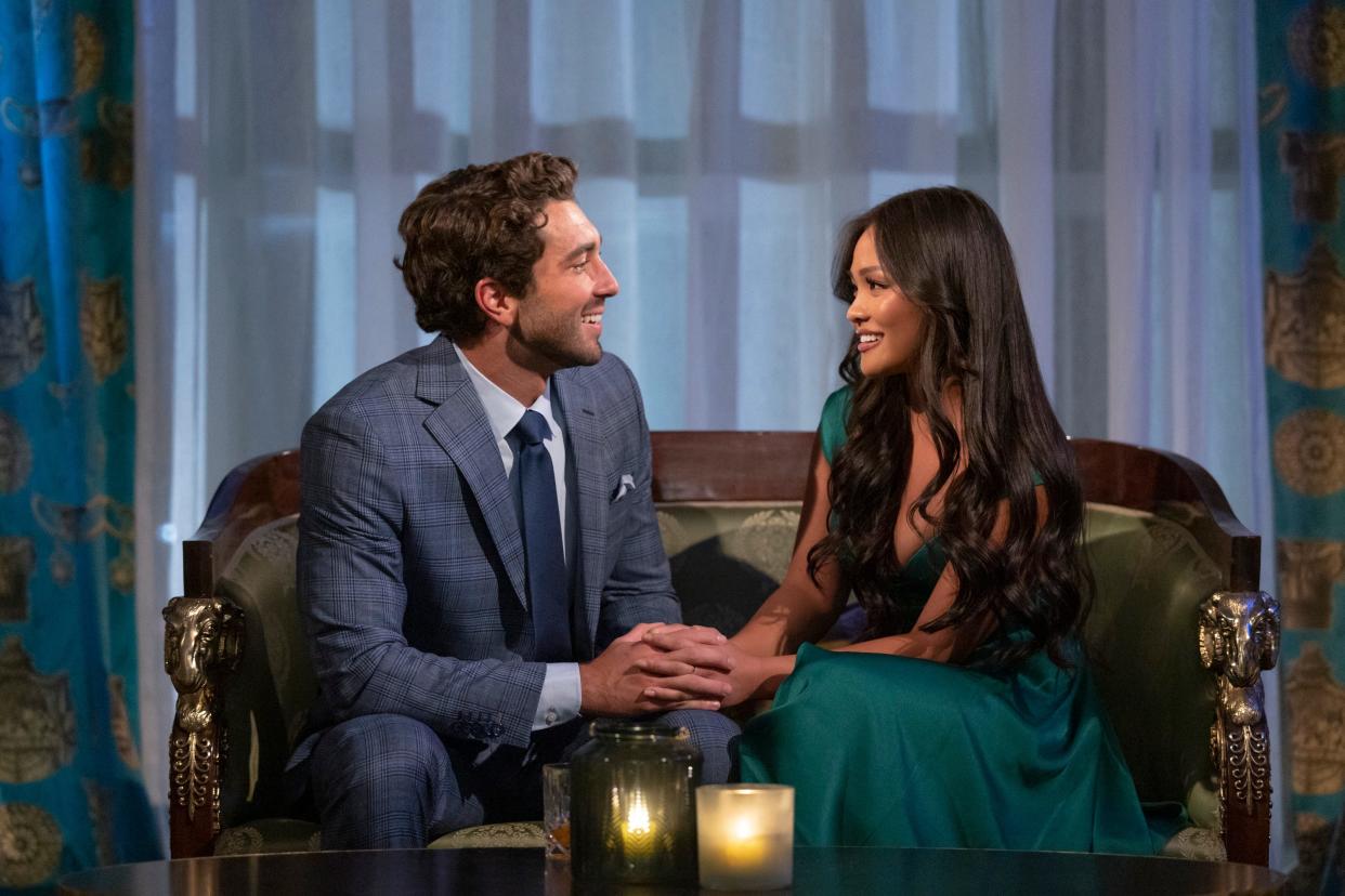 Joey Graziadei and Jenn Tran talk on Season 28, Episode 6, of "The Bachelor," airing Feb. 19, 2024.