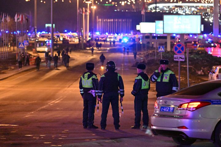 Police block the road to the Crocus City Hall on the western edge of Moscow, Russia, Friday, March 22, 2024. (AP Photo/Dmitry Serebryakov)