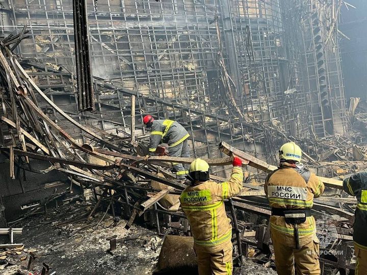 MOSCOW, RUSSIA -- A view of damage at Crocus City Hall concert venue near Moscow, Russia after a fire extinguished following a gunmen attack on March 23, 2024. (Photo by Russian Ministry of Emergencies / Handout /Anadolu via Getty Images)