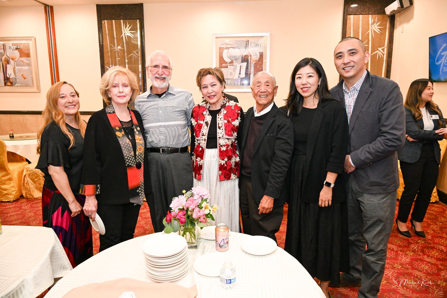 PHOTO: J. Michael Kwok | The South Pasadenan | Yuki Cutcheon, South Pasadena Chinese-American Club (SPCC) president (far left) greets attendees at the VIP reception prior to the banquet. L-R are Lela Bissner; Jim Perea; Melinda Hsia, past SPCC president; Bob Joe, former mayor; Zhen Tao, city treasurer; and Jeremy Ding.