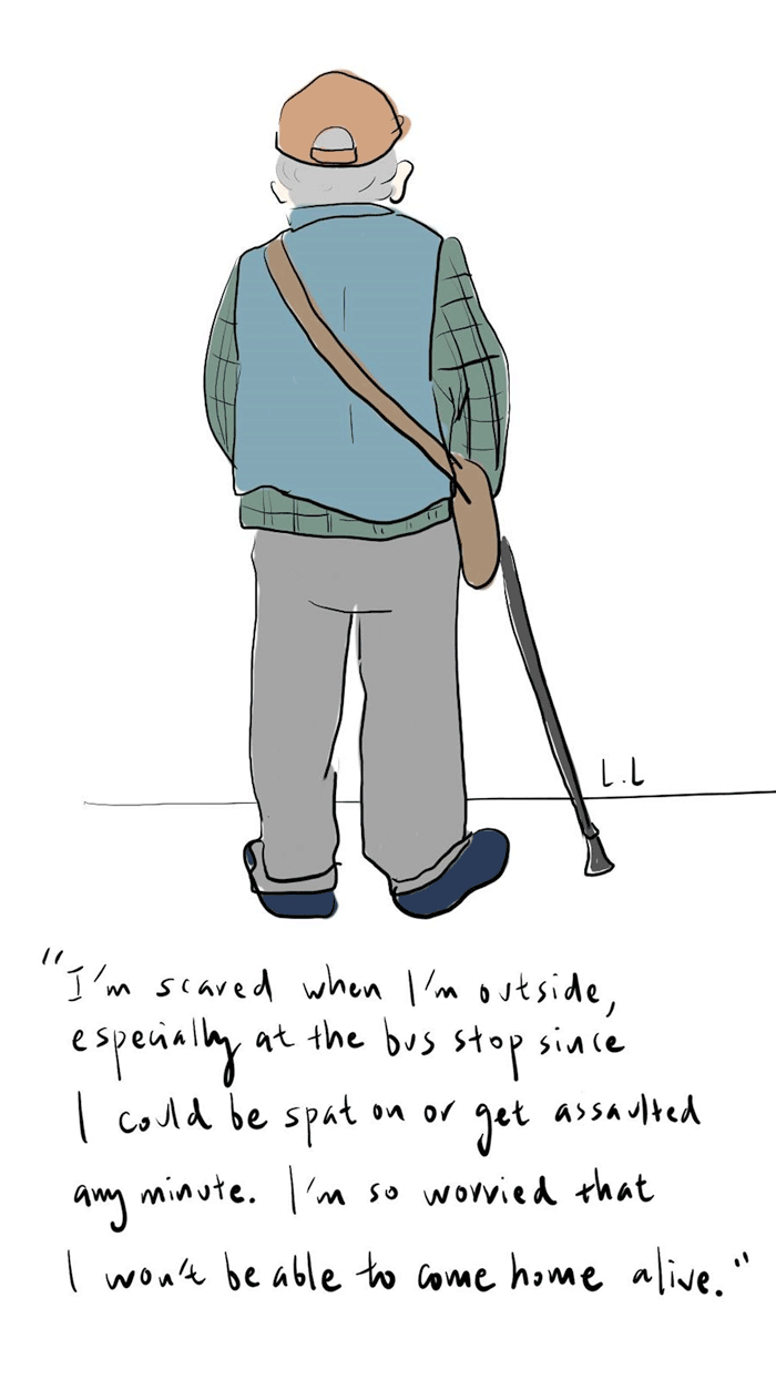 “I’m scared when I’m stopped outside, especially at the bus stop since I could be spat on or get assaulted any minute. I am so worried that I won’t be able to come home alive,” reads a quote from one study participant in this hand-drawn picture by UCSF fellow and researcher Lingsheng Li of an older Asian man.